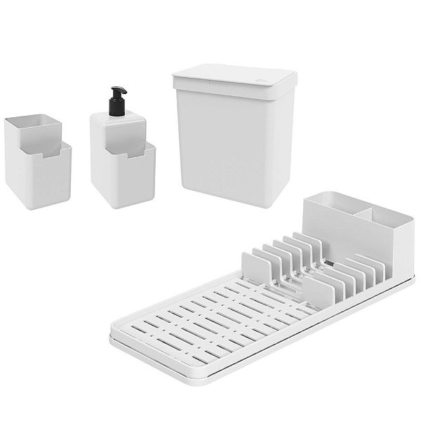 Kit Lixeira 2,5L Dispenser Detergente Escorredor De Louça Organizador De Pia Single Coza - Branco