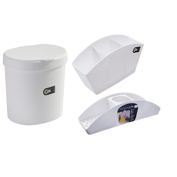 Kit Lixeira 2,5L Organizador De Pia Porta Detergente Esponja Escorredor De Talheres Basic Branco - Coza