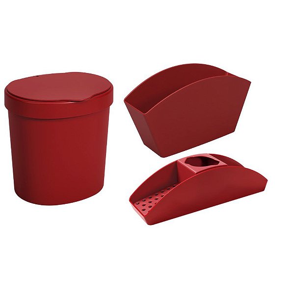 Kit Lixeira 2,5L Organizador De Pia Porta Detergente Esponja Escorredor De Talheres Basic Vermelho - Coza