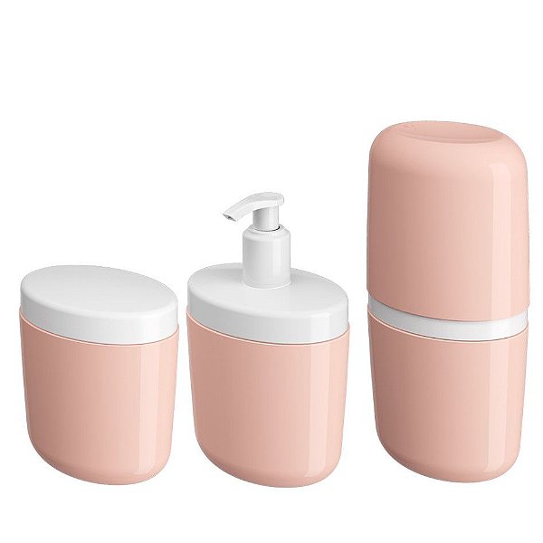 Kit Porta Sabonete Líquido Dispenser Suporte Escova Dente Algodão Cotonete Rosa - Coza