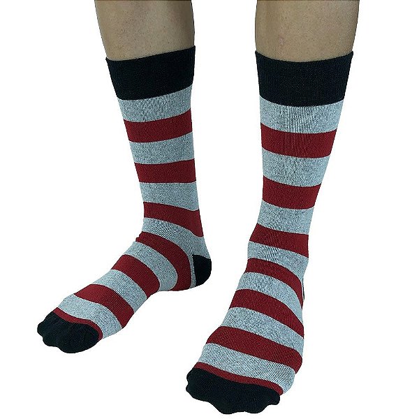 Meia Masculina Cano Alto Casual Fun Listras Cinza e Vermelho
