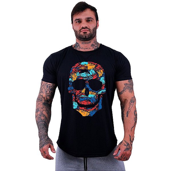Camiseta Longline Masculina Manga Curta MXD Conceito Caveira Abstrata