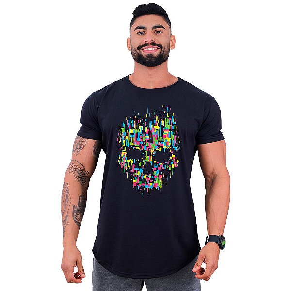 Camiseta Longline Masculina Manga Curta MXD Conceito Caveira Abstrata