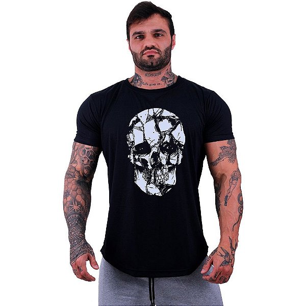 Camiseta Longline Masculina Manga Curta MXD Conceito Caveira Estilhaços