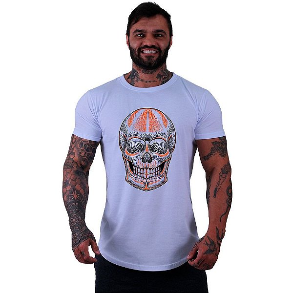 Camiseta Longline Masculina Manga Curta MXD Conceito Caveira Iluminação Laranja