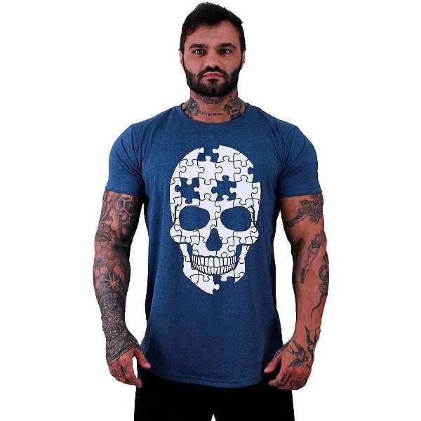 Camiseta Longline Masculina Manga Curta MXD Conceito Puzzle Skull