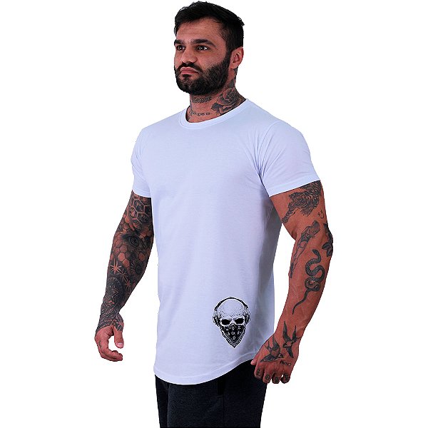 Camiseta Longline Masculina MXD Conceito Estampa Lateral Caveira Headphone e Máscara
