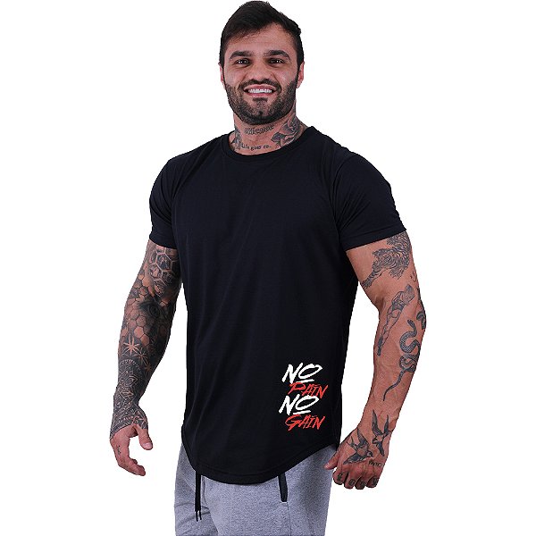Camiseta Longline Masculina MXD Conceito Estampa Lateral No Pain No Gain Vertical