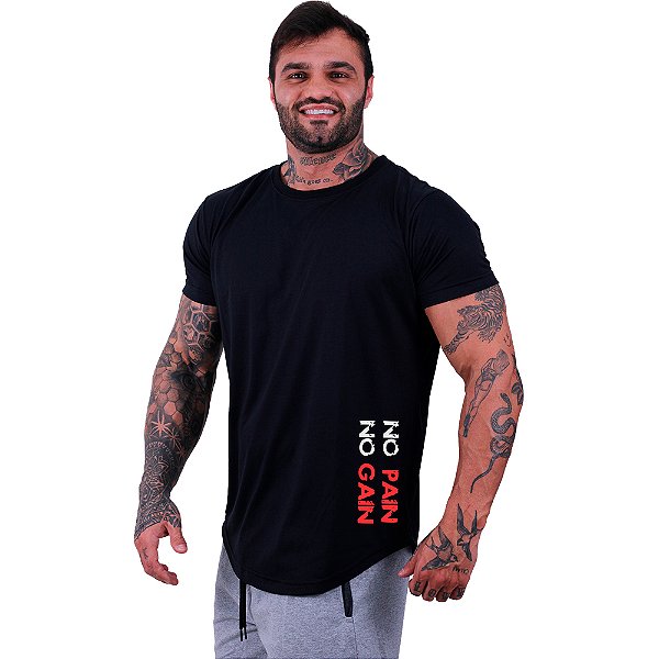 Camiseta Longline Masculina MXD Conceito Estampa Lateral No Pain No Gian Vertical