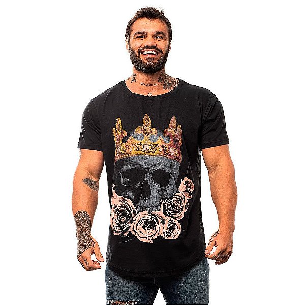 Camiseta Longline Masculina MXD Conceito Limitada Skull King Of Roses