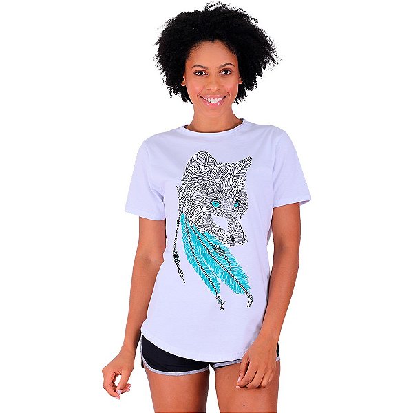 Camiseta Longline Feminina MXD Conceito Lobo De Olhos Azuis