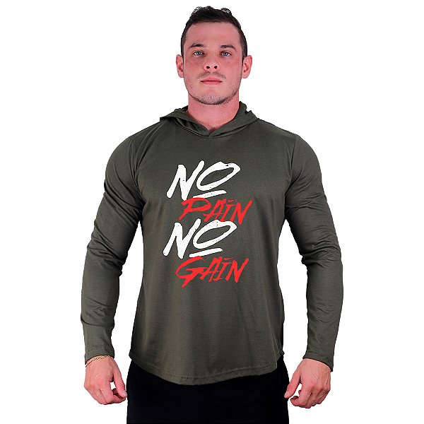 Camiseta Manga Longa Longline Com Touca MXD Conceito No Pain No Gain
