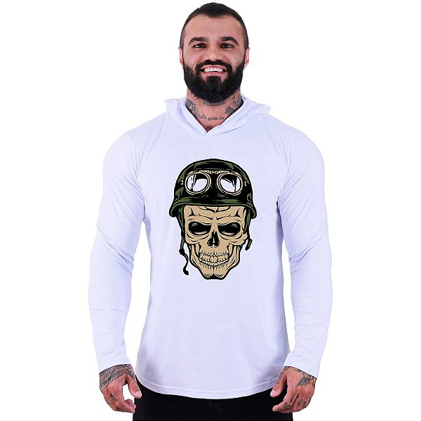 Camiseta Manga Longa Longline Com Touca MXD Conceito Caveira Soldado
