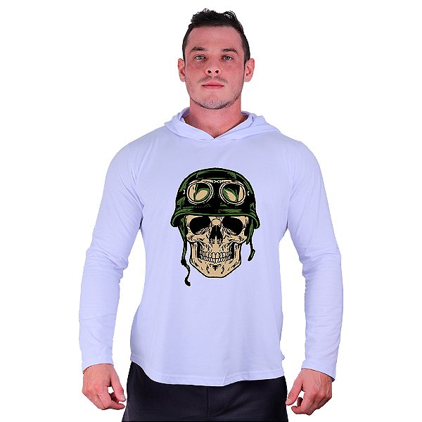Camiseta Manga Longa Longline Com Touca MXD Conceito Caveira Soldado