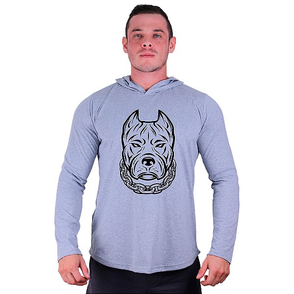 Camiseta Manga Longa Longline Com Touca MXD Conceito PitBull de Corrente