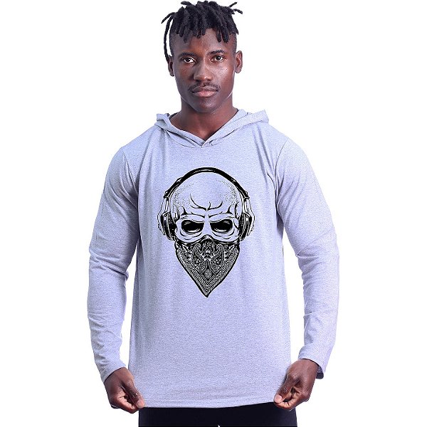 Camiseta Manga Longa Longline Com Touca MXD Conceito Caveira Mascarada