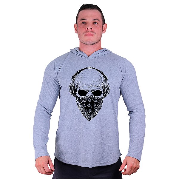 Camiseta Manga Longa Longline Com Touca MXD Conceito Caveira Mascarada