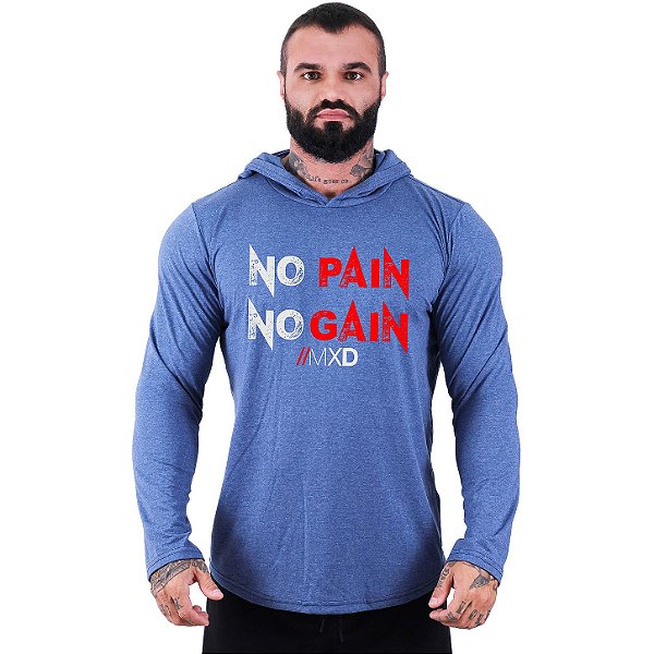 Camiseta Manga Longa Longline Com Touca MXD Conceito NO PAIN NO GAIN corroído