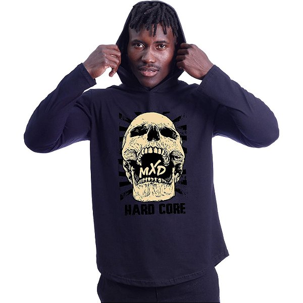Camiseta Manga Longa Longline Com Touca MXD Conceito Hard Core Skull