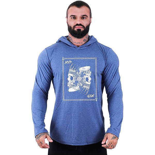 Camiseta Manga Longa Longline Com Touca MXD Conceito Card Skull