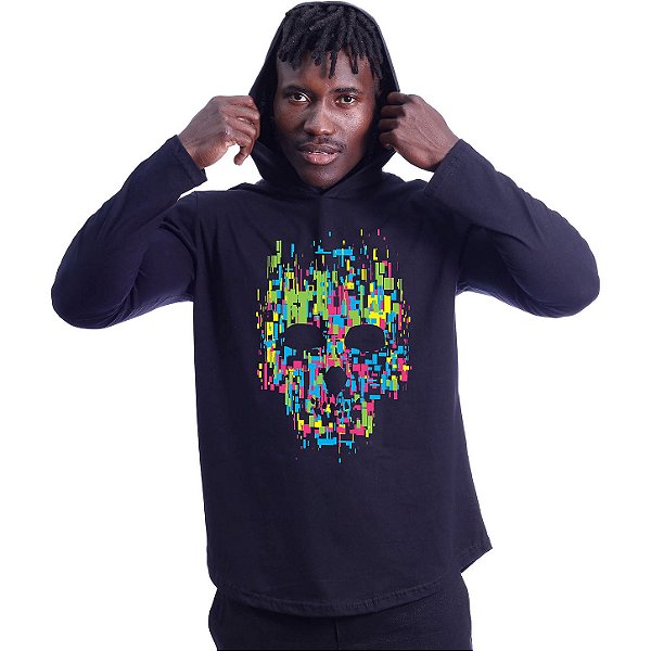 Camiseta Manga Longa Longline Com Touca MXD Conceito Caveira Quadriculada