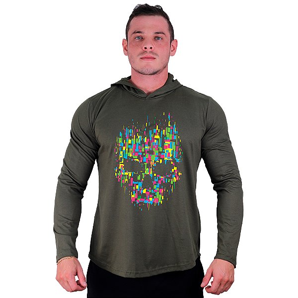 Camiseta Manga Longa Longline Com Touca MXD Conceito Caveira Quadriculada