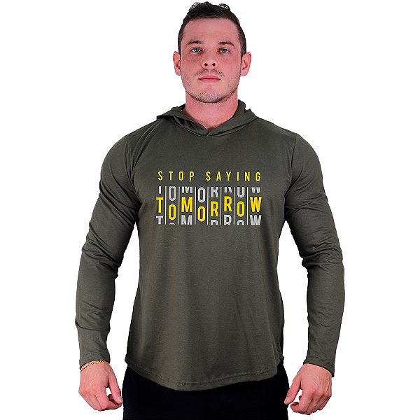 Camiseta Manga Longa Longline Com Touca MXD Conceito Stop Saying Tomorrow