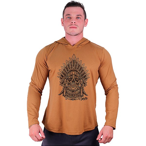 Camiseta Manga Longa Longline Com Touca MXD Conceito Caveira Cocar