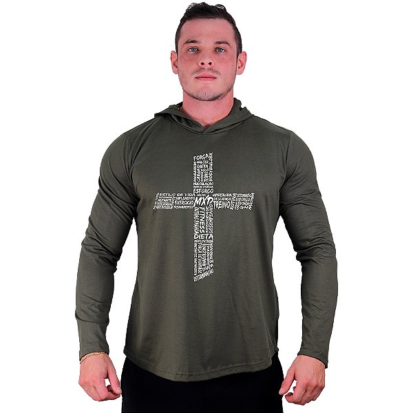 Camiseta Manga Longa Longline Com Touca MXD Conceito Cruz Motivacional