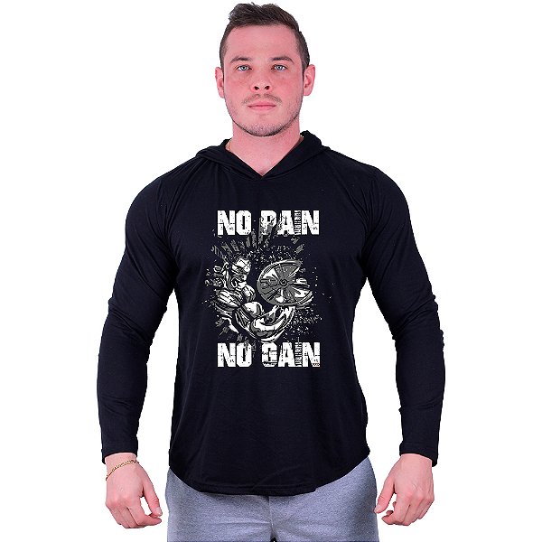 Camiseta Manga Longa Longline Com Touca MXD Conceito No Pain No Gain Braço Forte