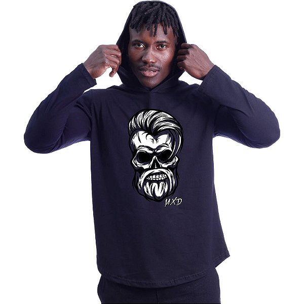 Camiseta Manga Longa Longline Com Touca MXD Conceito Angry Skull
