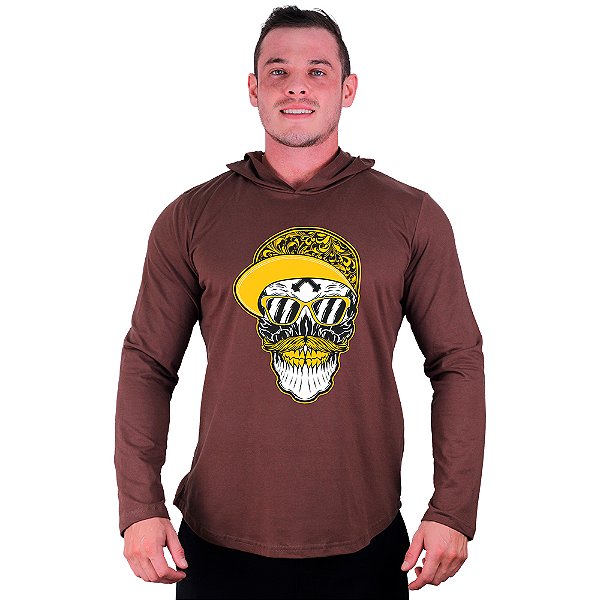 Camiseta Manga Longa Longline Com Touca MXD Conceito Gold Skull