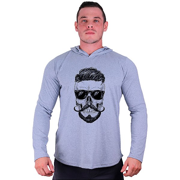 Camiseta Manga Longa Longline Com Touca MXD Conceito Caveira Óculos
