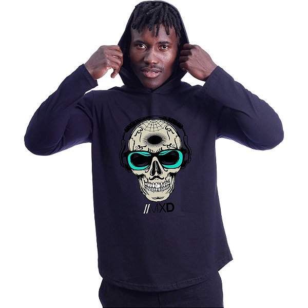 Camiseta Manga Longa Longline Com Touca MXD Conceito Caveira Mexicana