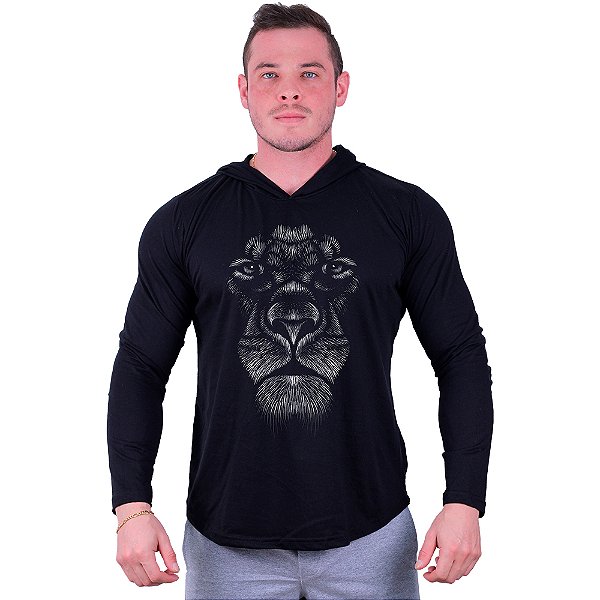 Camiseta Manga Longa Longline Com Touca MXD Conceito Leão Rabisco