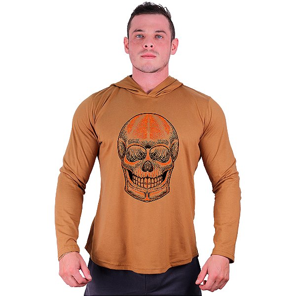 Camiseta Manga Longa Longline Com Touca MXD Conceito Caveira Laranja
