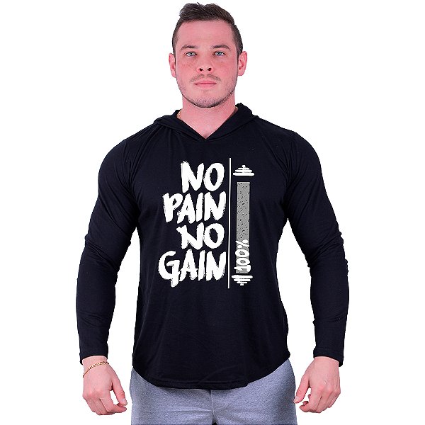 Camiseta Manga Longa Longline Com Touca MXD Conceito Hardcore No Pain No Gain