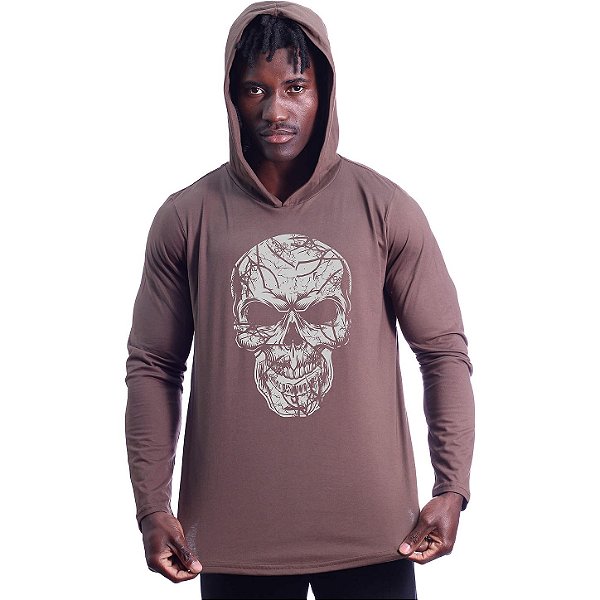Camiseta Manga Longa Longline Com Touca MXD Conceito Caveira Rachaduras