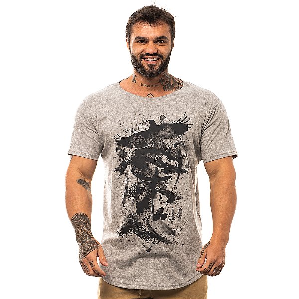 Camiseta Longline Masculina MXD Conceito Pássaro Escritas Japonesas