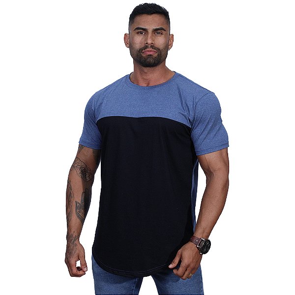 Camiseta Longline 100% Algodão Masculina MXD Conceito Bicolor Azul Petróleo e Preto