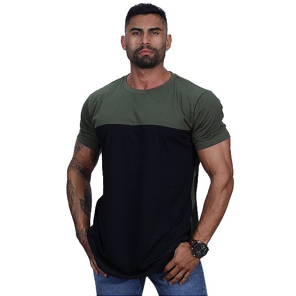 Camiseta Longline 100% Algodão Masculina MXD Conceito Bicolor Verde e Preto