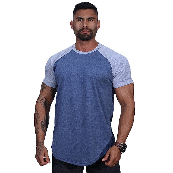 Camiseta Longline 100% Algodão Masculina MXD Conceito Raglan Cinza e Azul Petróleo