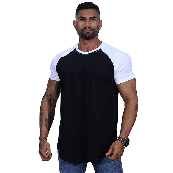 Camiseta Longline 100% Algodão Masculina MXD Conceito Raglan Branco e Preto
