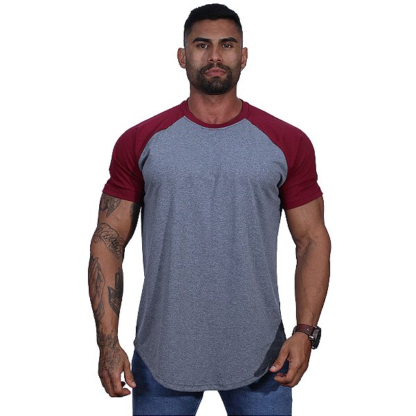 Camiseta Longline 100% Algodão Masculina MXD Conceito Raglan Vermelho e Cinza