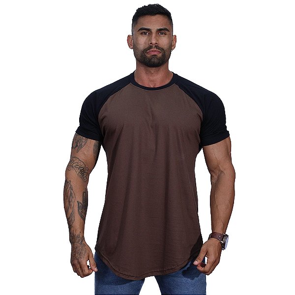 Camiseta Longline 100% Algodão Masculina MXD Conceito Raglan Preto e Marrom Escuro
