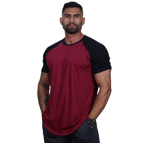 Camiseta Longline 100% Algodão Masculina MXD Conceito Raglan Preto e Vermelho