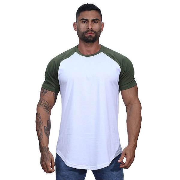 Camiseta Longline 100% Algodão Masculina MXD Conceito Raglan Verde Militar e Branco