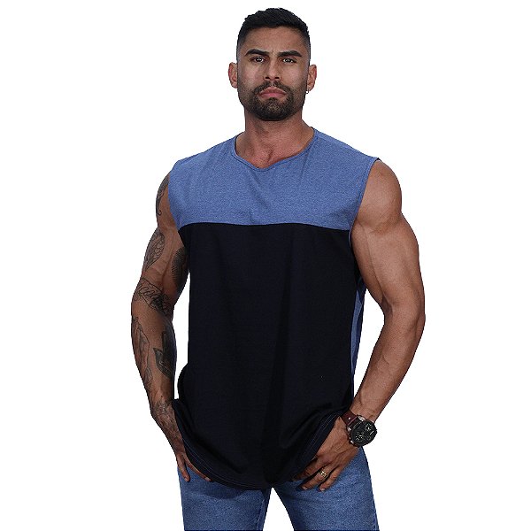 Regata Machão Longline Sem Manga MXD Conceito 100% Algodão Bicolor Azul e Preto