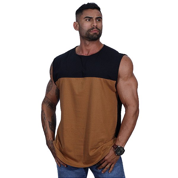 Regata Machão Longline Sem Manga MXD Conceito 100% Algodão Bicolor Preto e Marrom Claro
