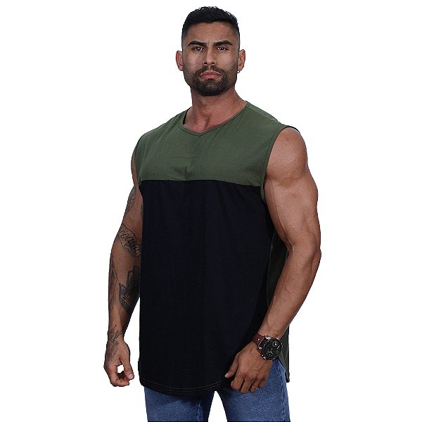 Regata Machão Longline Sem Manga MXD Conceito 100% Algodão Bicolor Verde e Preto